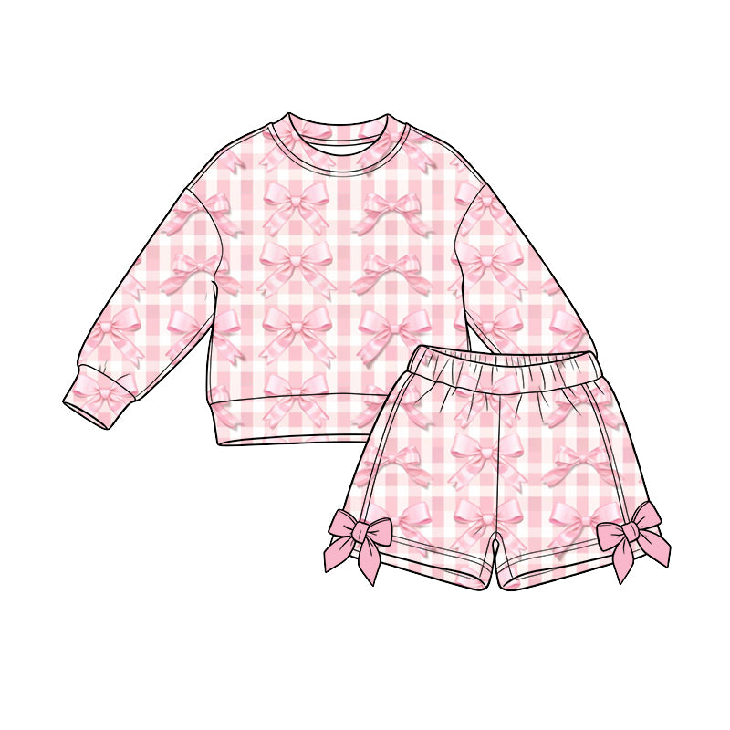 Preorder (moq 5) Baby Girl Clothes Pink Gingham Bow Mixed Print Long Sleeve Sweatshirt Bow Short Set