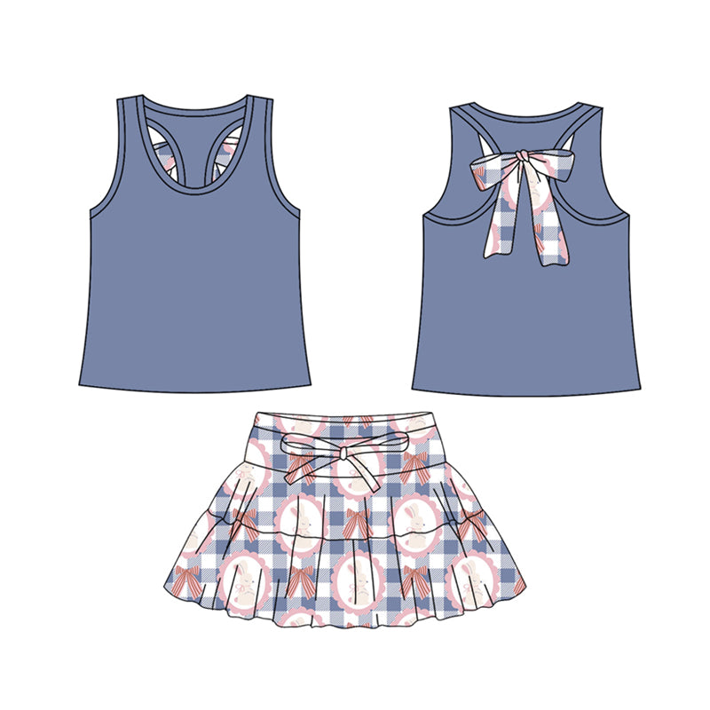 Preorder (moq 5)Baby Girls Blue Vest Back Bows Rabbits Checked Skirt Shorts Easter Clothes Set