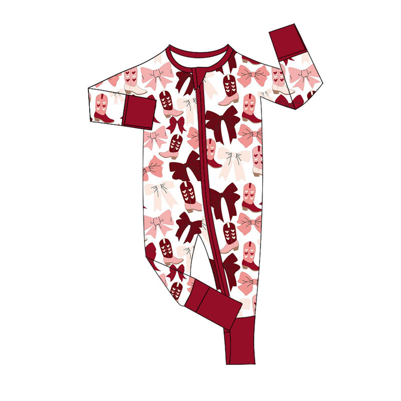 Preorder (moq 5)Baby Girls Pink Red Bows Heart Boots Zipper Footie Rompers
