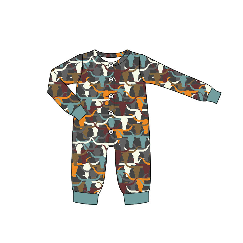 Preorder (moq 5)Baby Boys Western Colorful Cows Buttons Long Sleeves Rompers
