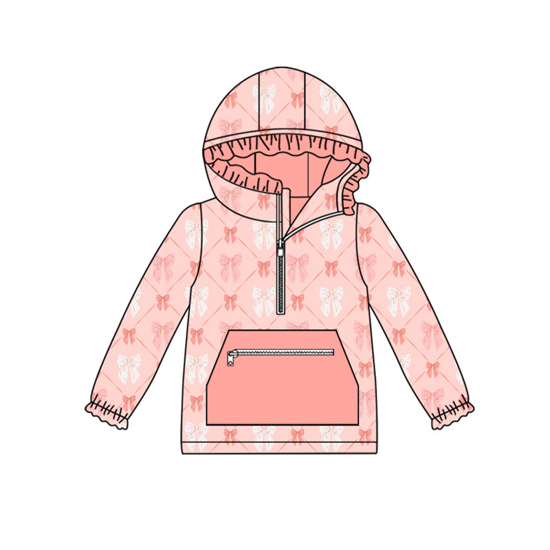 Preorder (moq 5)Baby Girls Coral Bows Zip Hooded Pullovers Tops