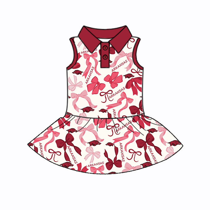 Preorder (moq 5)Baby Girls Sleeveless Red Bull Bows Plaid Button Team Knee Length Dress