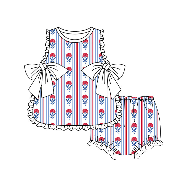 Preorder moq 5 Baby Girls Colorful Flowers Stripe Tunic Bummies Short Clothes Set