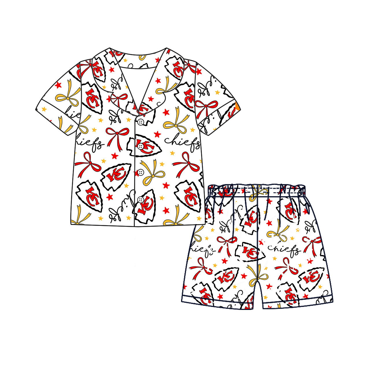 Preorder moq 5 Adult Women Short Sleeves Red KC Bows Stars Button Top Short Team Pajamas Set