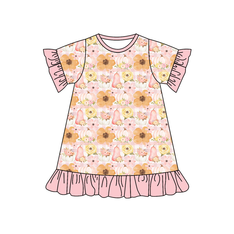 Preorder (moq 5)Baby Girls Short Ruffle Sleeves Flowers Pumpkins Knee Length Dresses