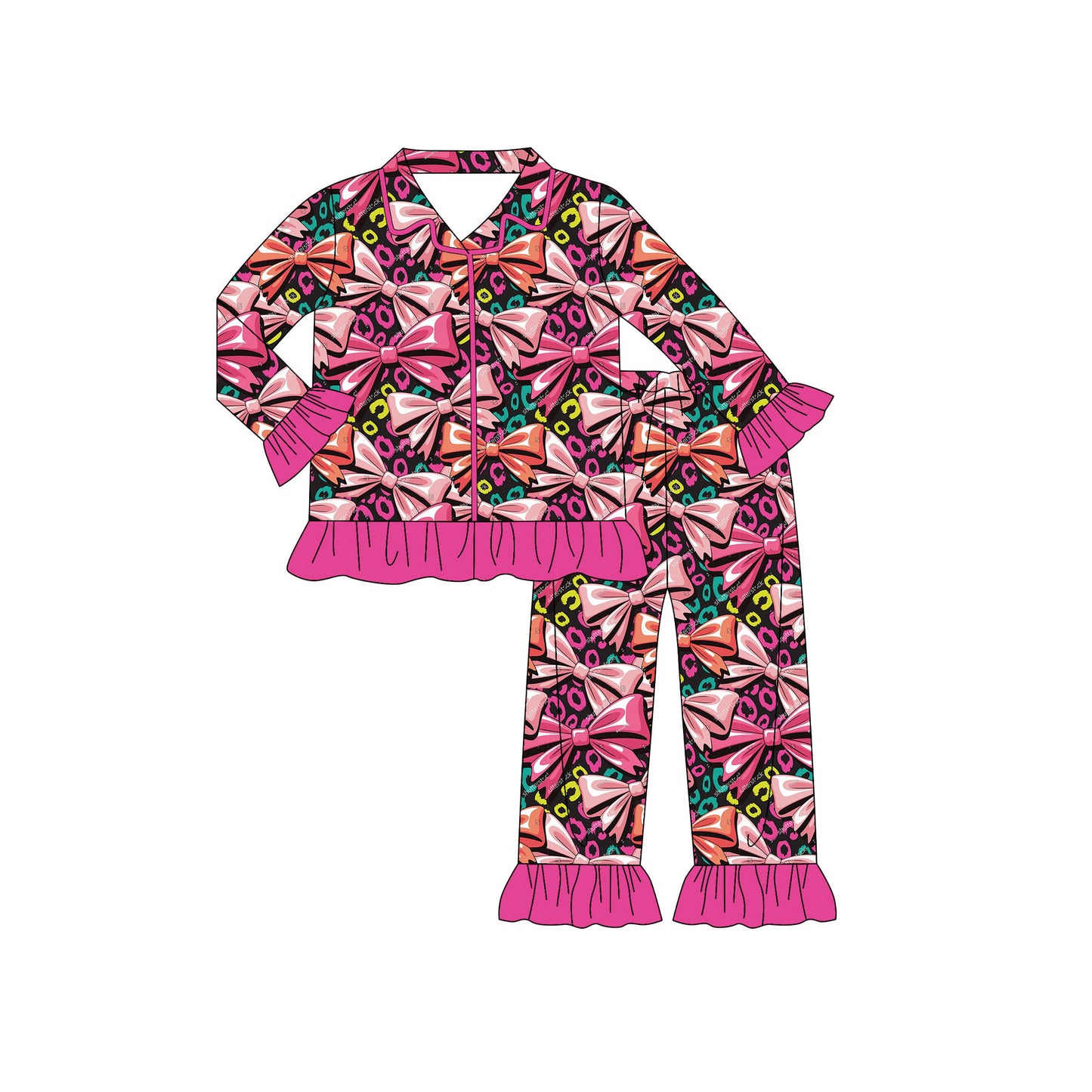 Preorder(moq 8)Baby Girls Hot Pink Leopard Bows Button Top Ruffle Pants Pajamas Sets