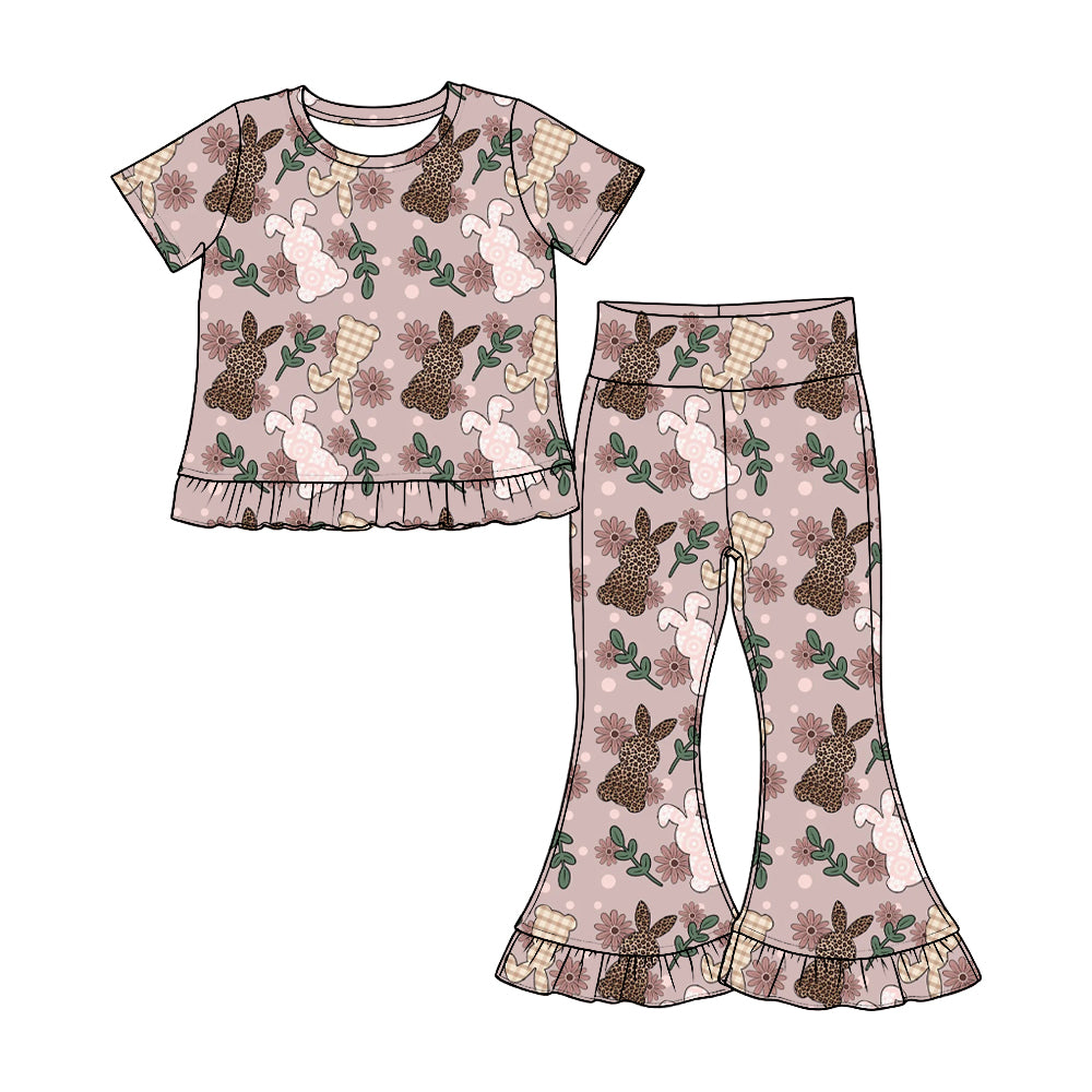Preorder(moq 5) Girls Ruffle Short Sleeve Top & Ruffle Flare Pants Set Kids Two‑Piece Casual Outfit Set