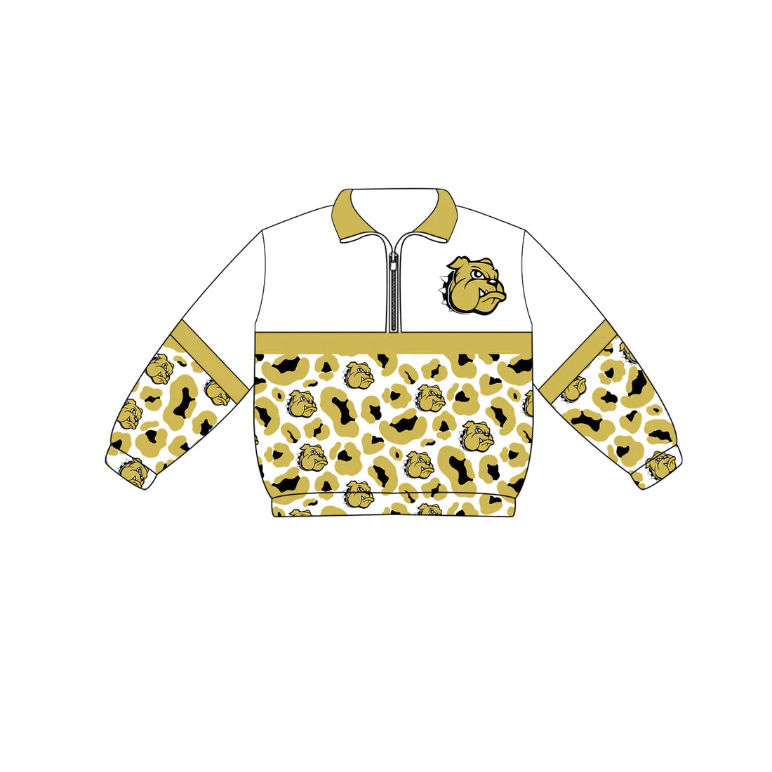 Preorder (moq 5)Baby Boys Long Sleeve Gold Leopard Bulldogs Team Zip Pullovers Top