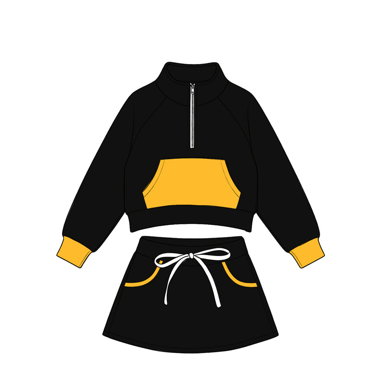 Preorder(moq5) Kids Half Zip Cropped Sweatshirt Skirt 2‑Piece Athletic Outfit