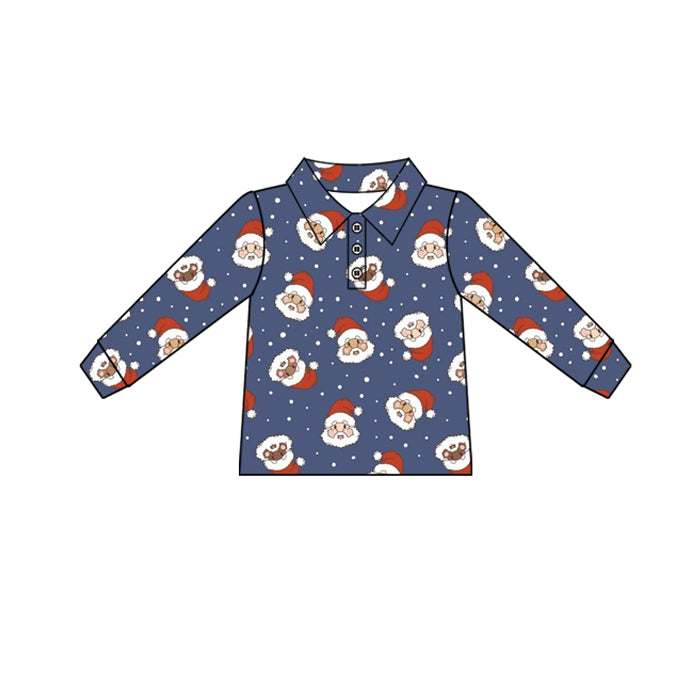 Preorder (moq 5)Baby Boys Long Sleeves Blue Santa Plaid Button Pullovers Top