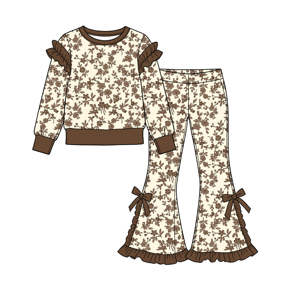 Preorder (moq 5) Baby Girl Clothes Cream Brown Floral Allover Print Long Sleeve Ruffle Flare Pant Set