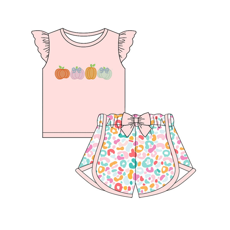 Preorder (moq 5)Baby Girls Pink Flutter Sleeves Bows Pumpkins Top Colorful Leopard Shorts Set