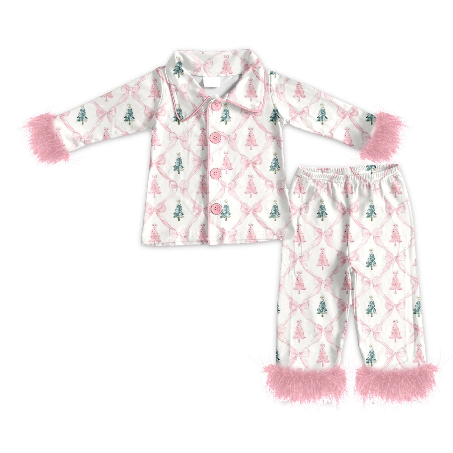 Preorder (moq 5)Baby Girls Long Sleeves With Fur Pink Bows Trees Plaid Top Pant Pajamas Set