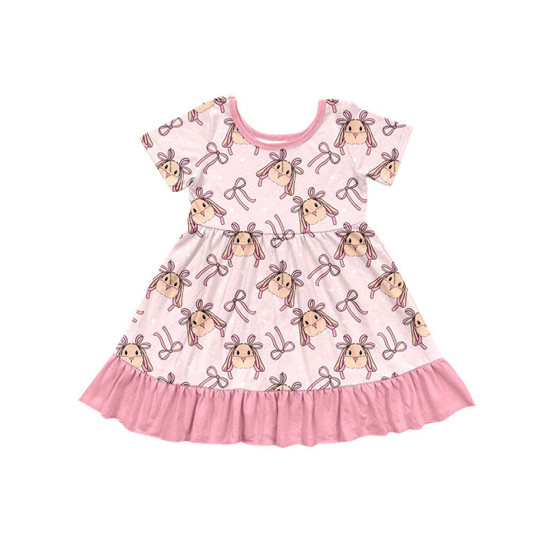Preorder (moq 5)Baby Girls Short Sleeve Pink Bows Rabbits Ruffle Easter Knee Length Dresses