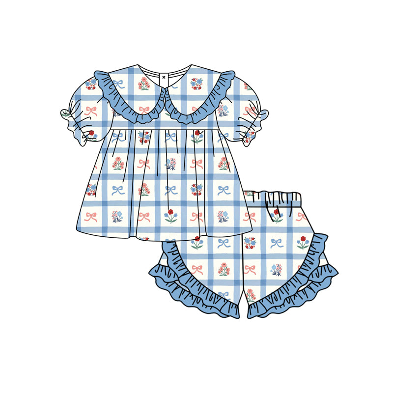 Preorder moq 5 Baby Girls Blue Checked Flowers Collar Tunic Ruffle Shorts Clothes Set