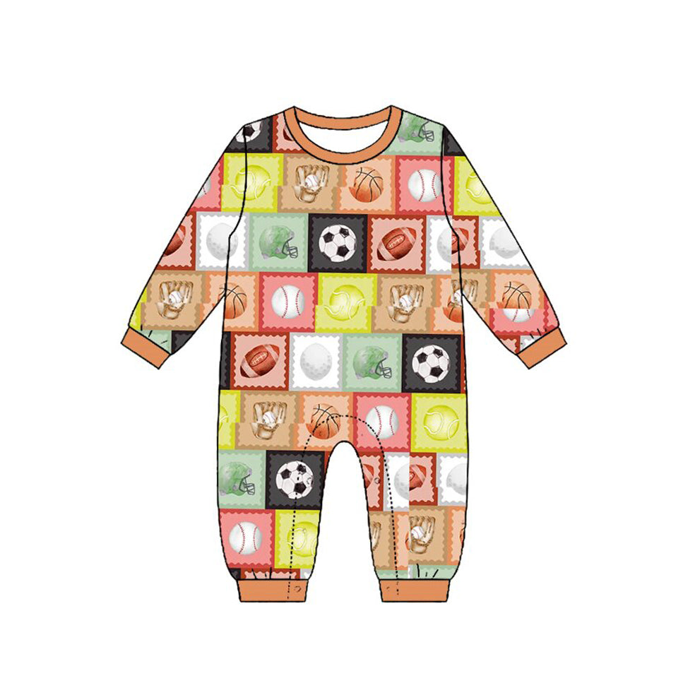Preorder (moq 5) Baby Boy Clothes Multi Sport Ball Patchwork Mixed Print Long Sleeve Romper