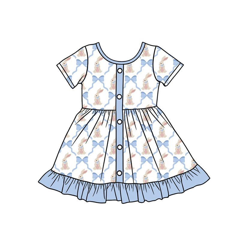 Preorder (moq 5)Baby Girls Blue Bows Rabbits Checked Button Easter Ruffle Knee Length Dress