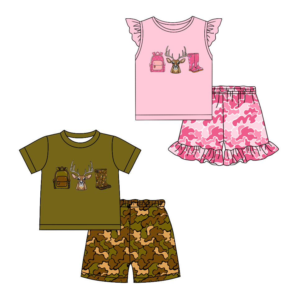 Preorder moq 5 Custom Baby Kids Short Sleeves Deer Boot Bag Top Short Western Hunting Set