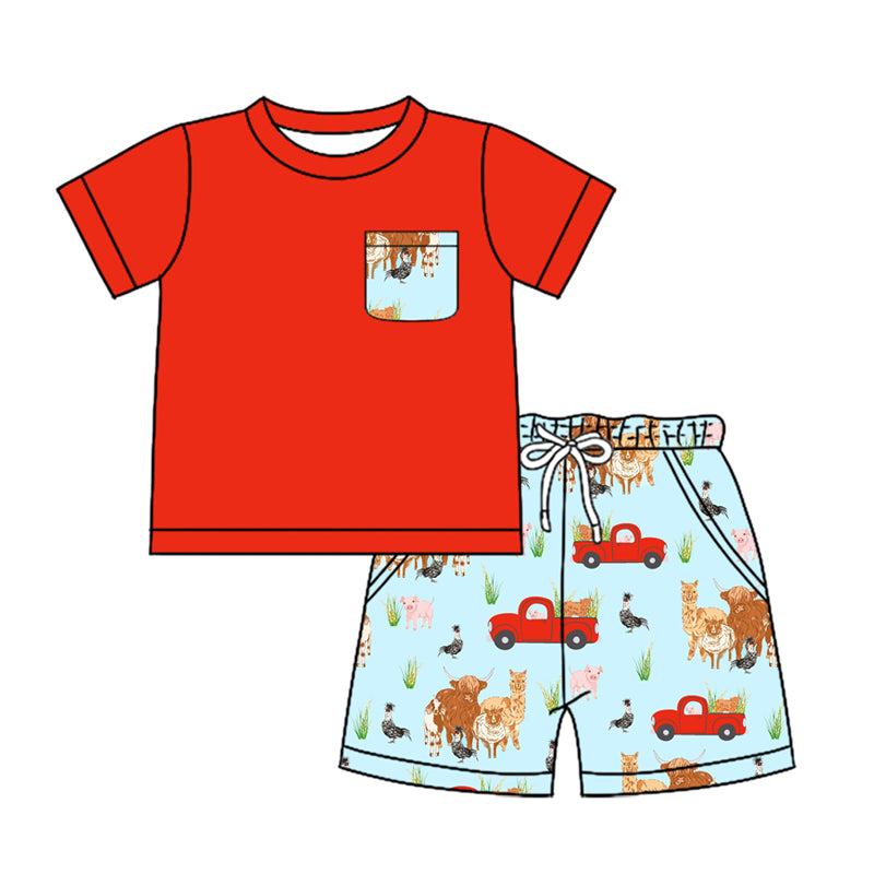 Preorder (moq 5)Baby Boys Red Pocket Shirt Top Farm Cow Shorts Outfits