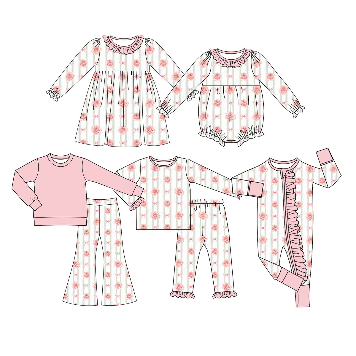 Preorder (moq 5) Baby Girl Clothes Rose Bow Stripe Print Long Sleeve Ruffle Neck Bubble Romper