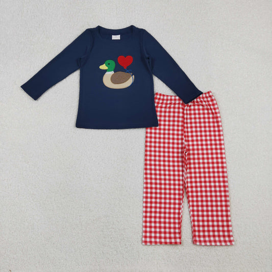 Sibling Baby Boys Girls Embroidery Duck Hearts Red Checked Pant Valentines Clothes Sets Footie Rompers