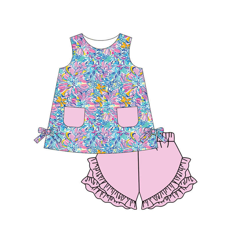 Preorder (moq 5)Baby Girls Blue Pink Flowers Tunic Top Ruffle Shorts Clothes Sets