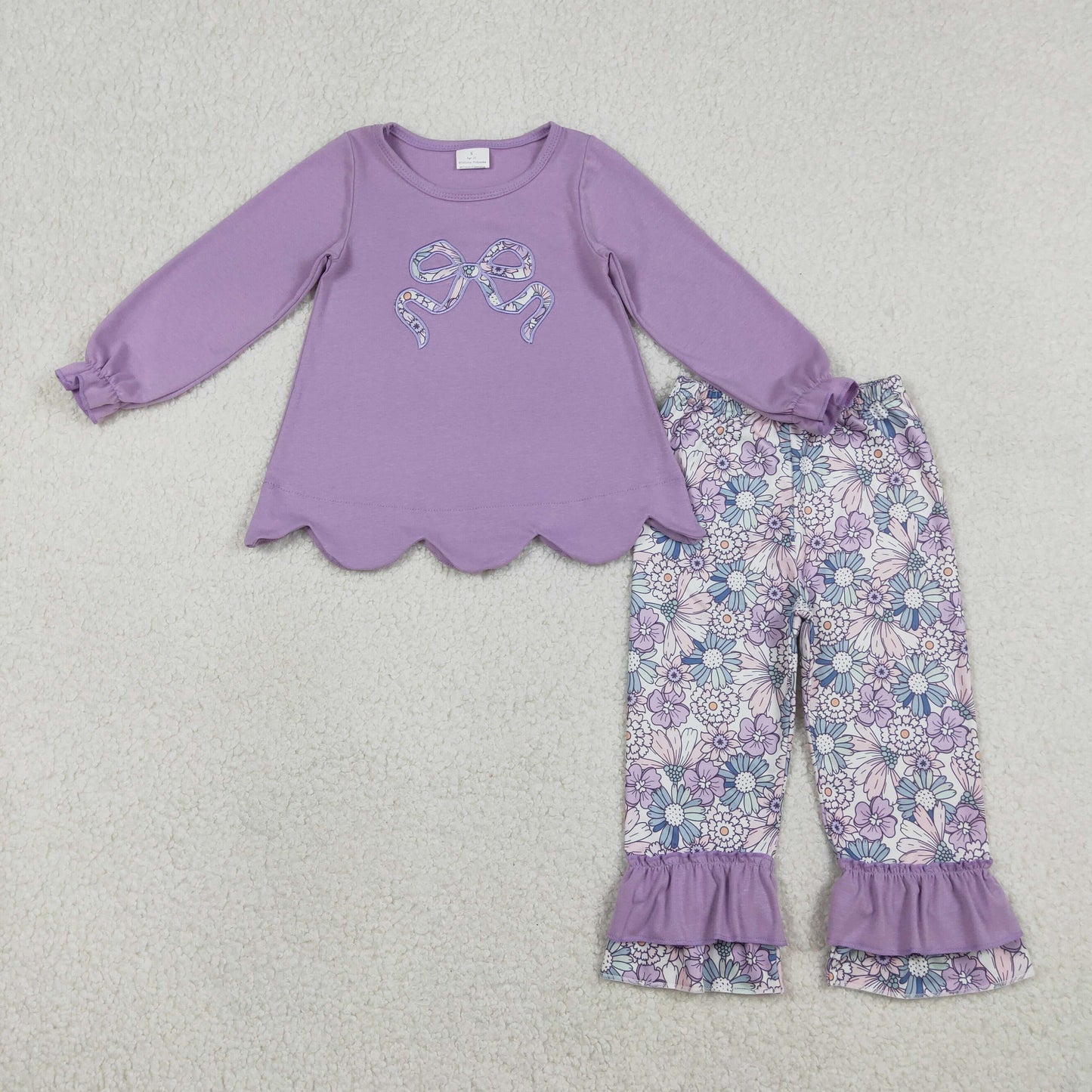 Embroidery Floral Bows Baby Girls Purple Scallop Tunic Ruffle Pants Clothes Sets
