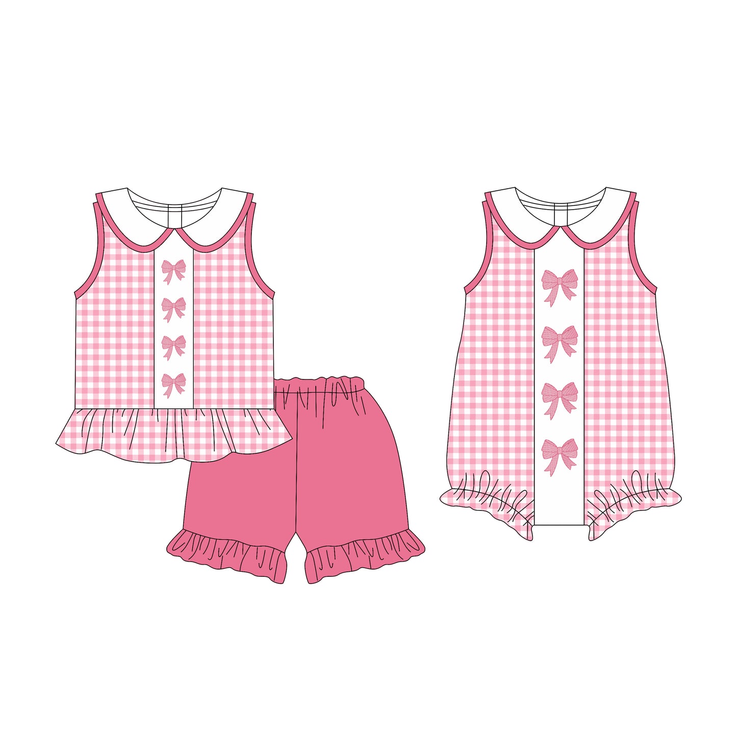 Preorder moq 5 Custom Baby Girls Pink Plaid Sleeveless Bows Tunic Ruffle Short Set Rompers