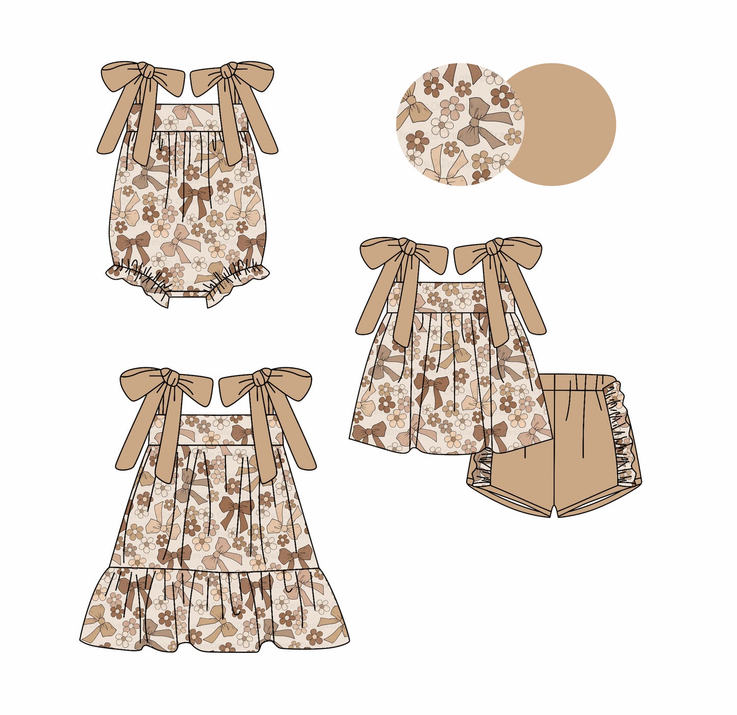 Preorder moq 5 Custom Baby Girls Bows Strap Khaki Bows Flowers Tunic Ruffle Short Set Dress And Rompers