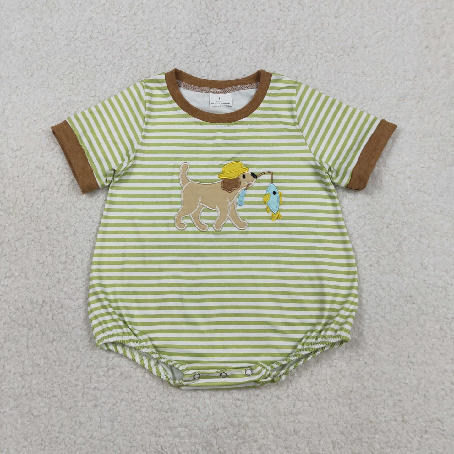 Embroidery Dog Fishes Baby Boys Short Sleeve Stripe Hunting Rompers