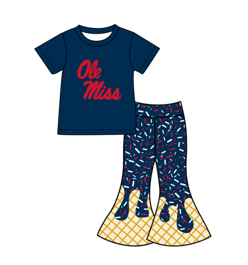 Preorder (moq 5)Baby Girls Navy Ole Miss Top Drip Sprinkles Bell Bottom Pants Team Clothes Sets