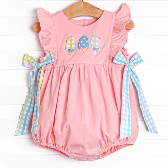 Preorder moq 5 Baby Girls Pink Flutter Sleeves Popsicle Bows Ruffle Rompers