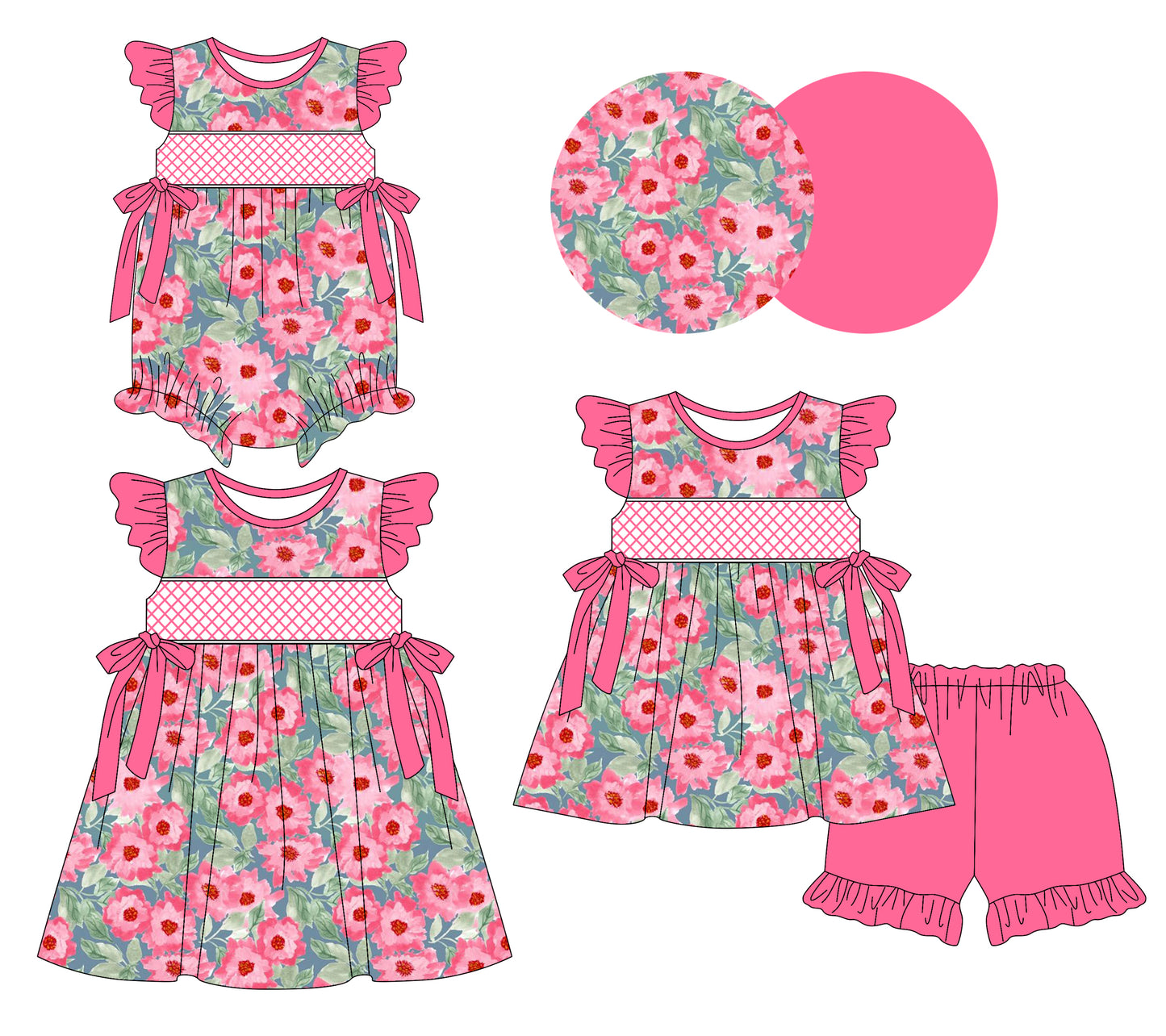 Preorder moq 5 Custom Baby Girls Hot Pink Floral Bows Tunic Ruffle Short Set Knee Length Dress And Rompers