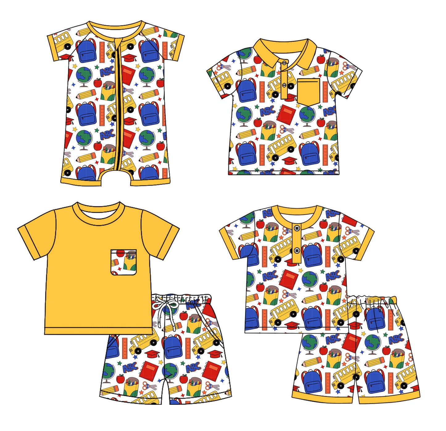 Preorder moq 5 Custom Baby Boys Yellow Short Sleeves SchoolBags Pencils Top Short Pajamas Set Polo Shirts And Zipper Rompers