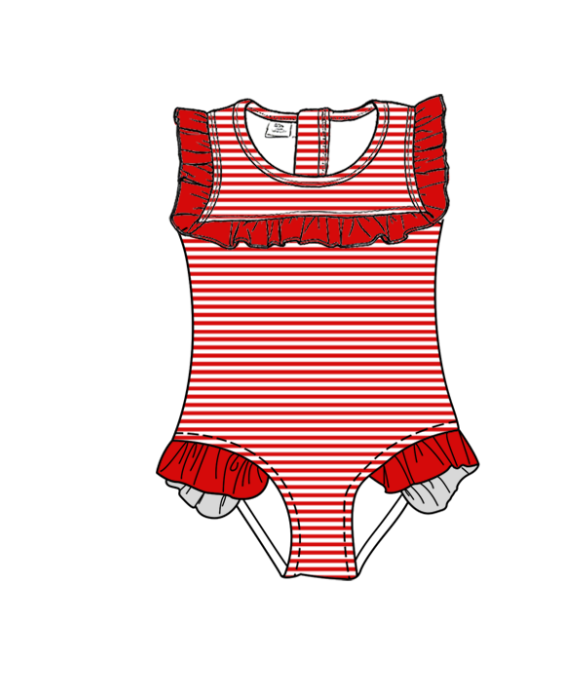 Preorder moq 5 Baby Girls Sleeveless Red Stripe Team Swimsuits
