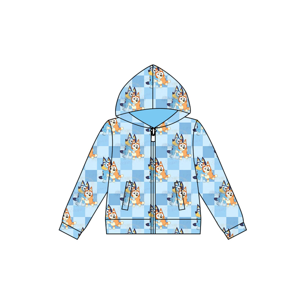 Preorder (moq 5)Baby Boys Blue Checkered Animals Dogs Hooded Zip Tops Jackets