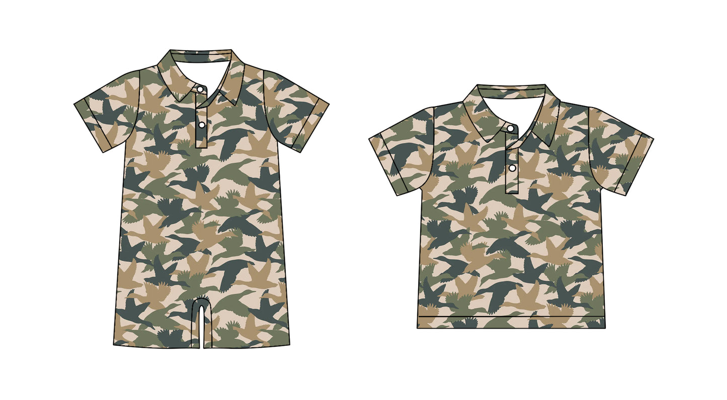 Preorder moq 5 Custom Baby Boys Short Sleeves Green Ducks Camo Button Polo Shirts Top Rompers