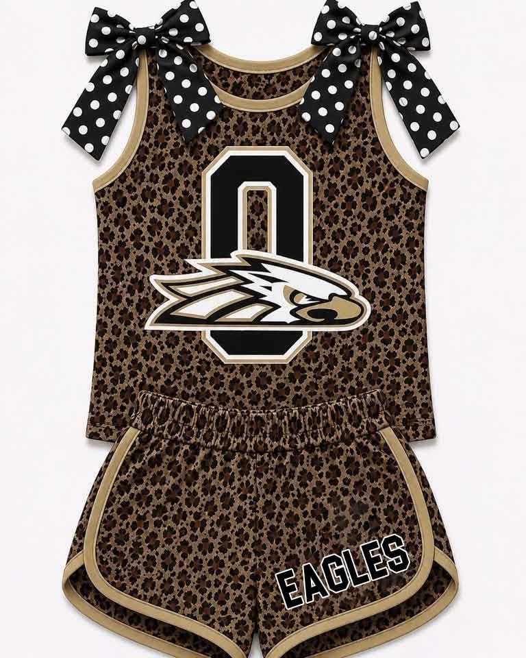 Preorder (moq 5)Baby Girls Leopard Eagles Bows Sleeveless Top Shorts Team Clothes Sets
