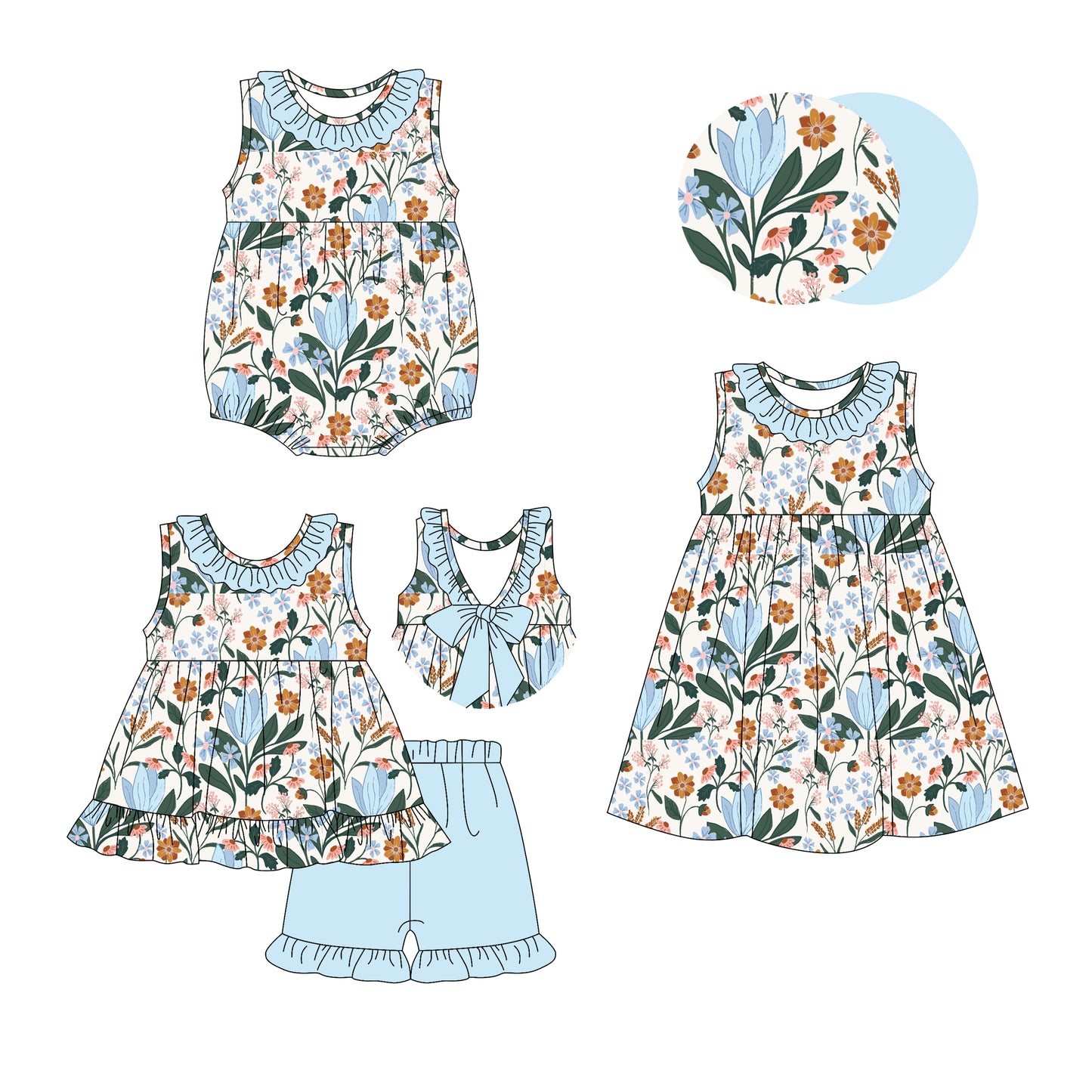 Preorder moq 5 Custom Baby Girls Sleeveless Blue Floral Round Collar Tunic Ruffle Short Set Knee Length Dress And Rompers