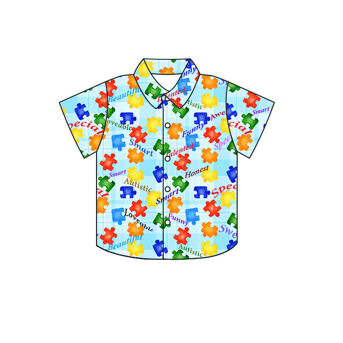 Baby Boys Short Sleeve Blue Autistic Buttons Tee Shirts Tops preorder(moq 5)