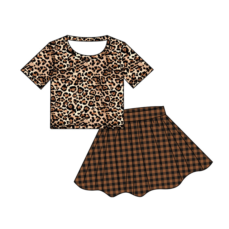 Preorder(moq 5)Baby Girls Leopard Tee Shirt Brown Checkered Skirts Clothes Sets