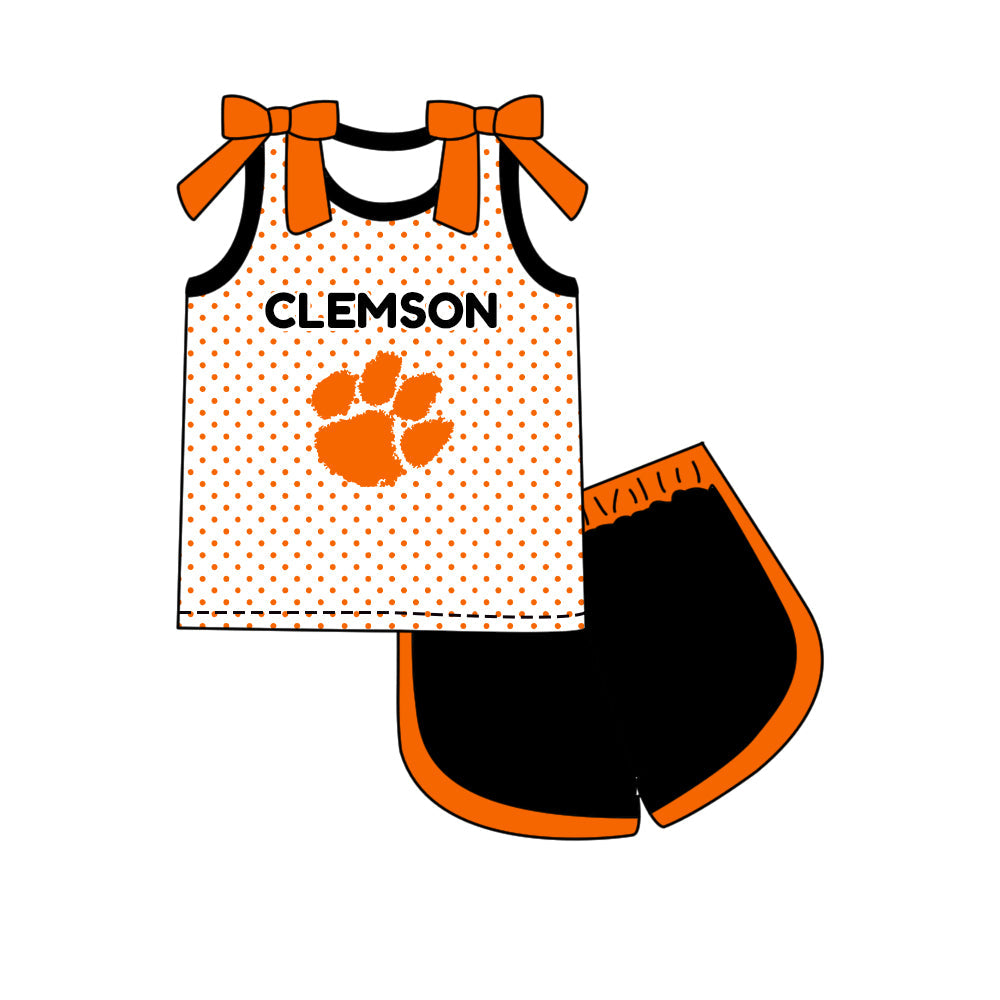 Preorder (moq 5)Baby Girls Bows Clemson Polka Dots Top Short Team Clothes Set