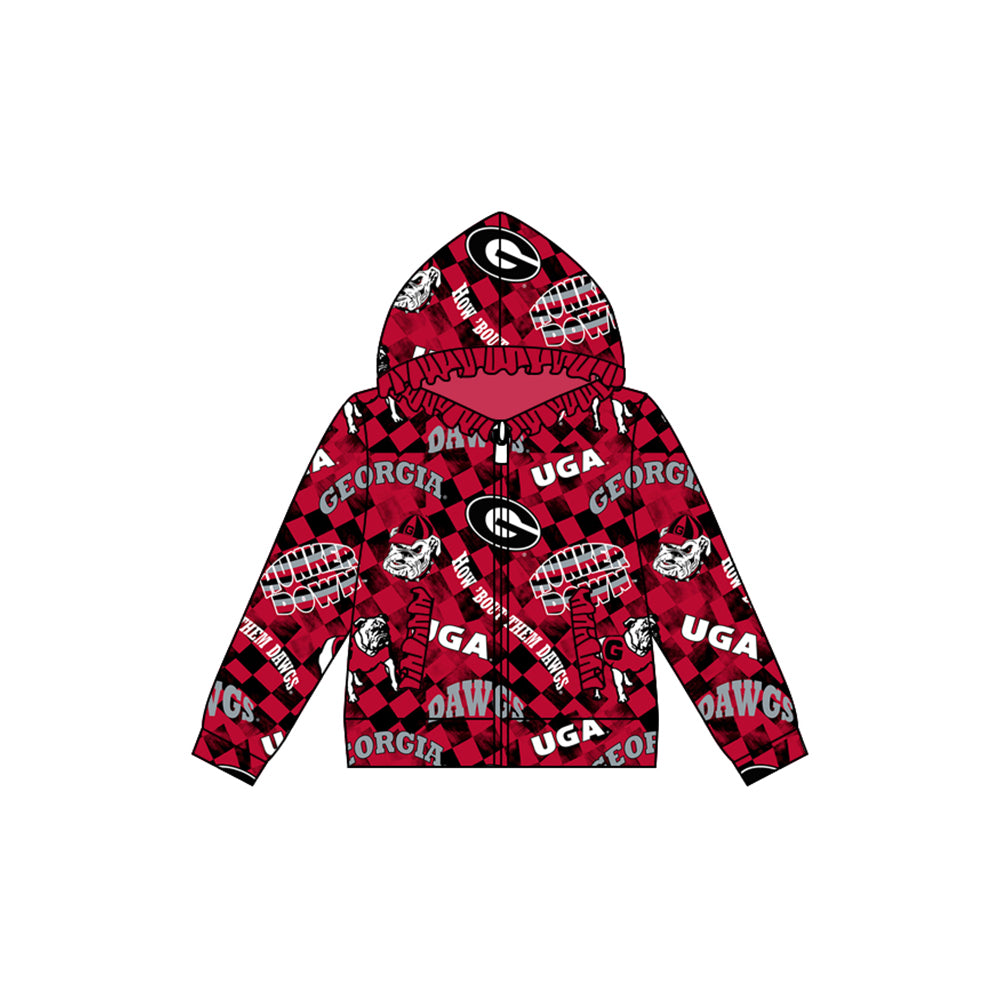 Preorder (moq 5)Baby Girls Bulldogs Team Football Hooded Zip Ruffles Tops Jackets