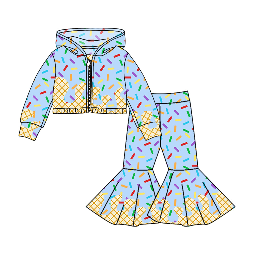 Preorder (moq 5)Baby Girls Blue Long Sleeves Drip Zipper Jacket Top Bell Bottom Pant Team Clothes Sets