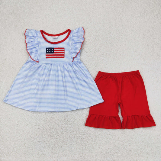 Sibling Embroidery Flag Baby Girls Blue Checkered Tunic Ruffle Shorts Clothes Sets Rompers