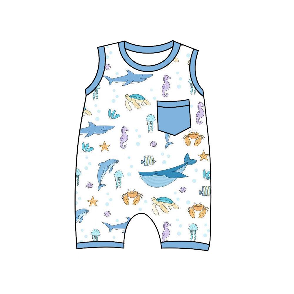 Preorder(moq 5)Baby Infant Boys Blue Sleeveless Sea World Pocket Top Summer Romper