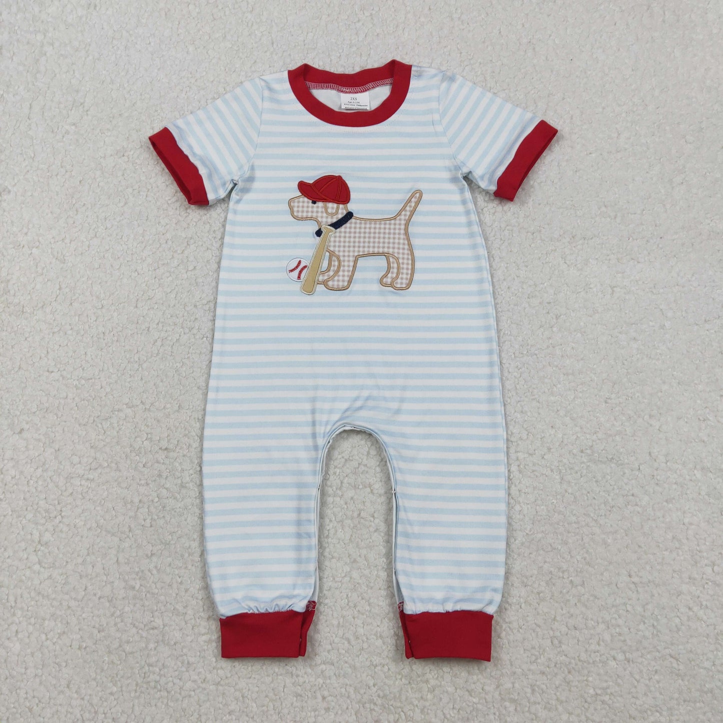 Embroidery Dog Baseballs Baby Boys Stripe Team Footie Rompers