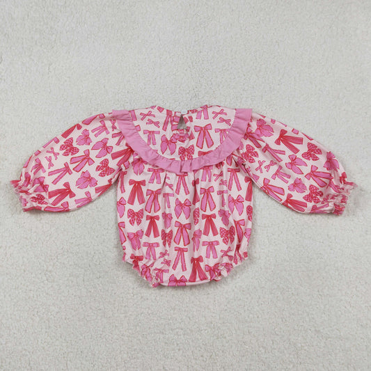 Embroidery Daddy's Valentine Baby Girls Long Sleeve Bows Ruffle Rompers