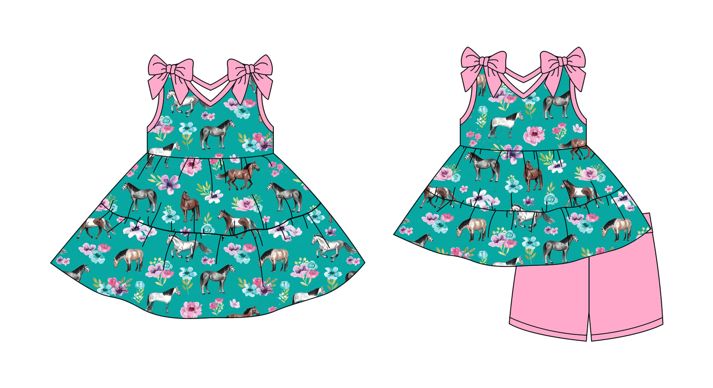 Preorder moq 5 Custom Baby Girls Green Bull Horse Flowers Tunic Short Set Knee Length Dresses