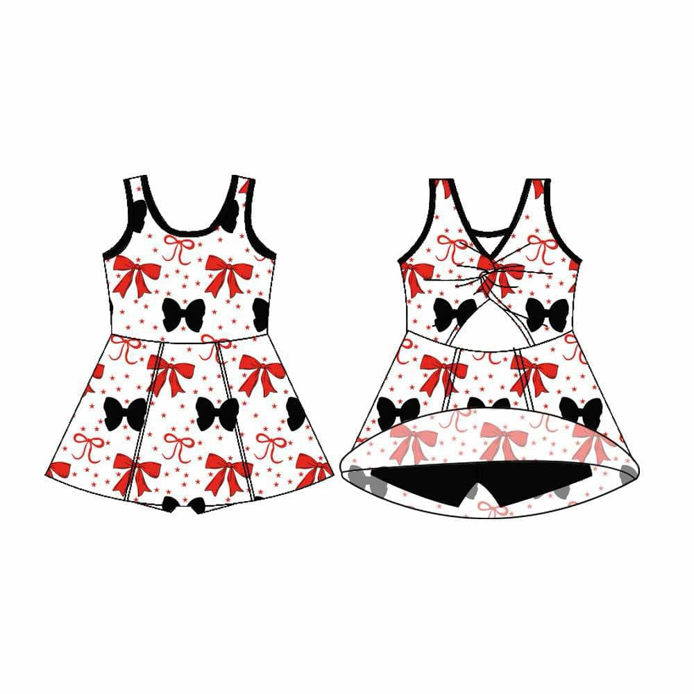 Preorder (moq 5)Baby Girls Sleeveless Red Black Bows Shorts Team Knee Length Dresses